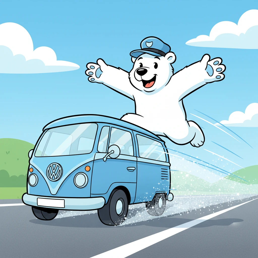Zoom! Freezy Bear leaps into his super-fast, frosty-blue 'Berliner Rescue Van.' He zips along the highway, leaving a trail of sparkling ice dust behind him. His cap is slightly tilted from the speed, as he races to the rescue with a heroic grin.
