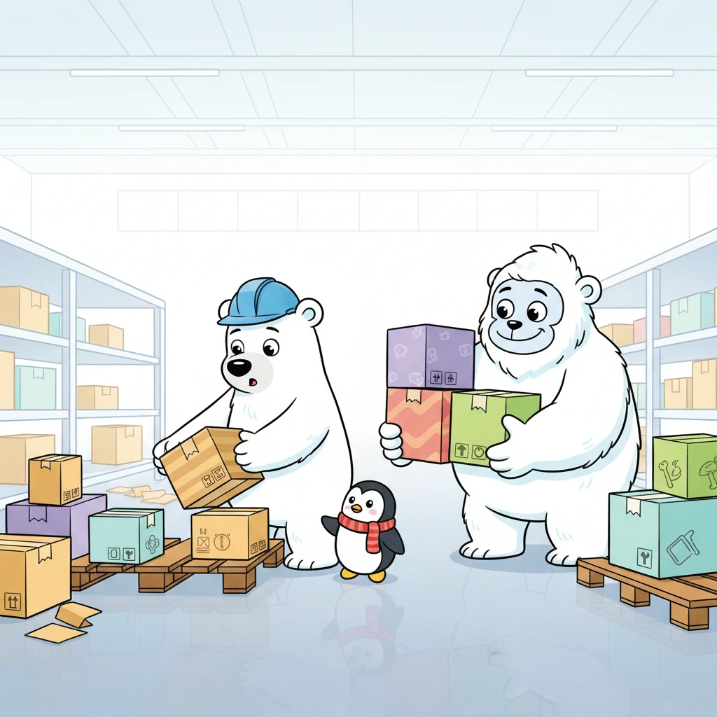 Freezy Bear and his strong, friendly team, including a helpful penguin and a mighty yeti, carefully re-stack the wobbly boxes. They work together inside a brightly lit, super-clean warehouse bay, making sure every item is safe and sound on sturdy new pallets. Teamwork makes the dream work!