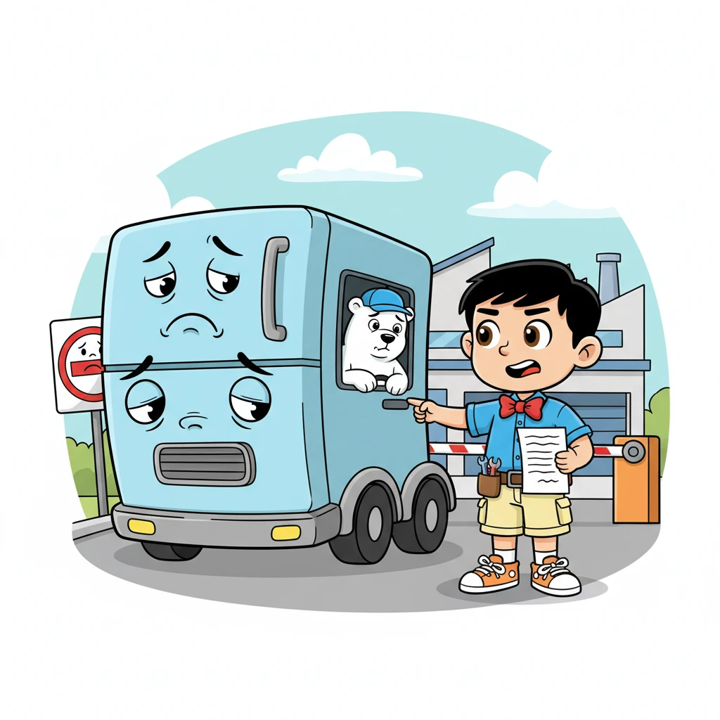 Another truck looks very sad. It has just been turned away from a delivery point because its shipment was rejected! A stern, but cartoonishly friendly, official shakes their head, pointing to some paperwork. The poor driver looks dejected, wondering how to get back on the road.