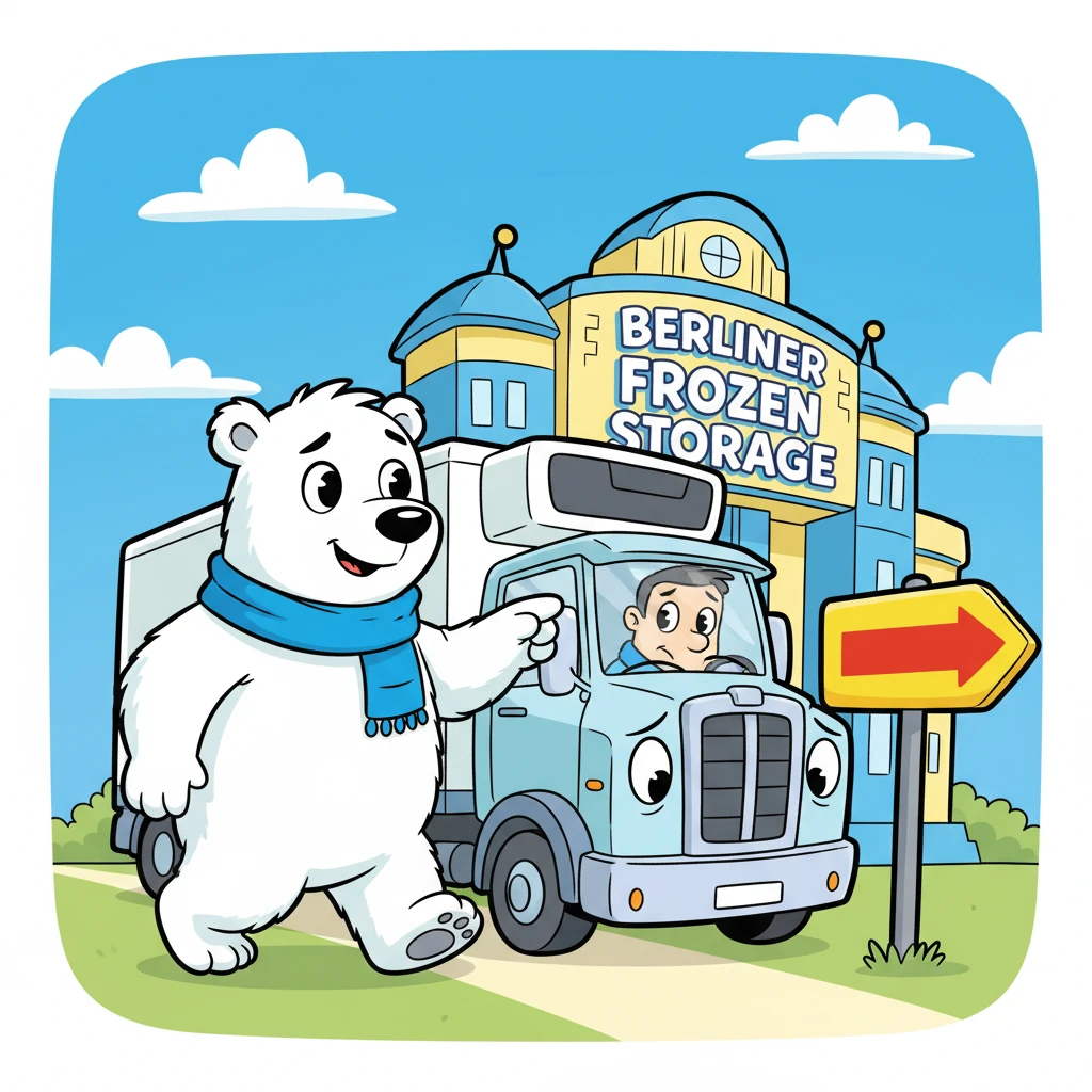 But wait, here comes Freezy Bear with a clever twinkle in his eye! He guides the sad truck towards the welcoming Berliner Frozen Storage facility. A bright sign points to 'Hyattsville, MD,' assuring the driver that help is close by. The driver's face brightens with hope!