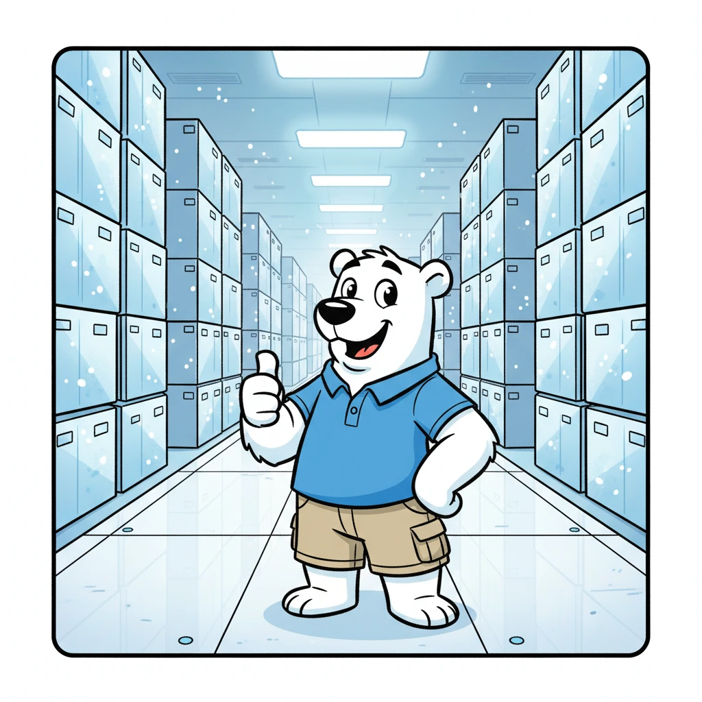 Inside the state-of-the-art Berliner facility, rows and rows of perfectly stacked, frosty boxes glow gently. Everything is sparkling clean and super organized, thanks to precise temperature control. Freezy Bear gives a proud thumbs-up, knowing all the goods are secure and happy.
