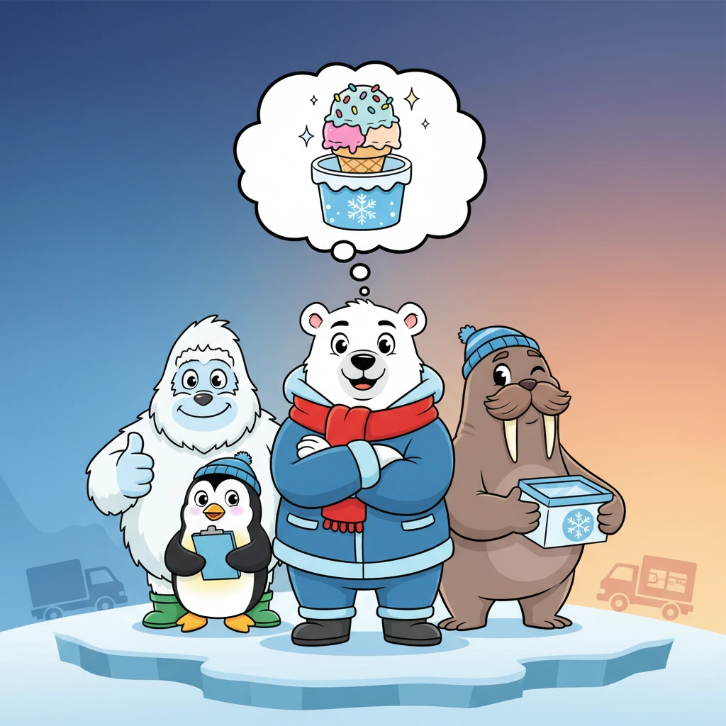 Freezy Bear and his diverse team, including the penguin, yeti, and even a friendly walrus, gather together. They look confident and ready for any challenge, day or night, specializing in frozen goods logistics. A thought bubble above Freezy Bear shows a happy, safely stored ice cream cone, illustrating their expertise.