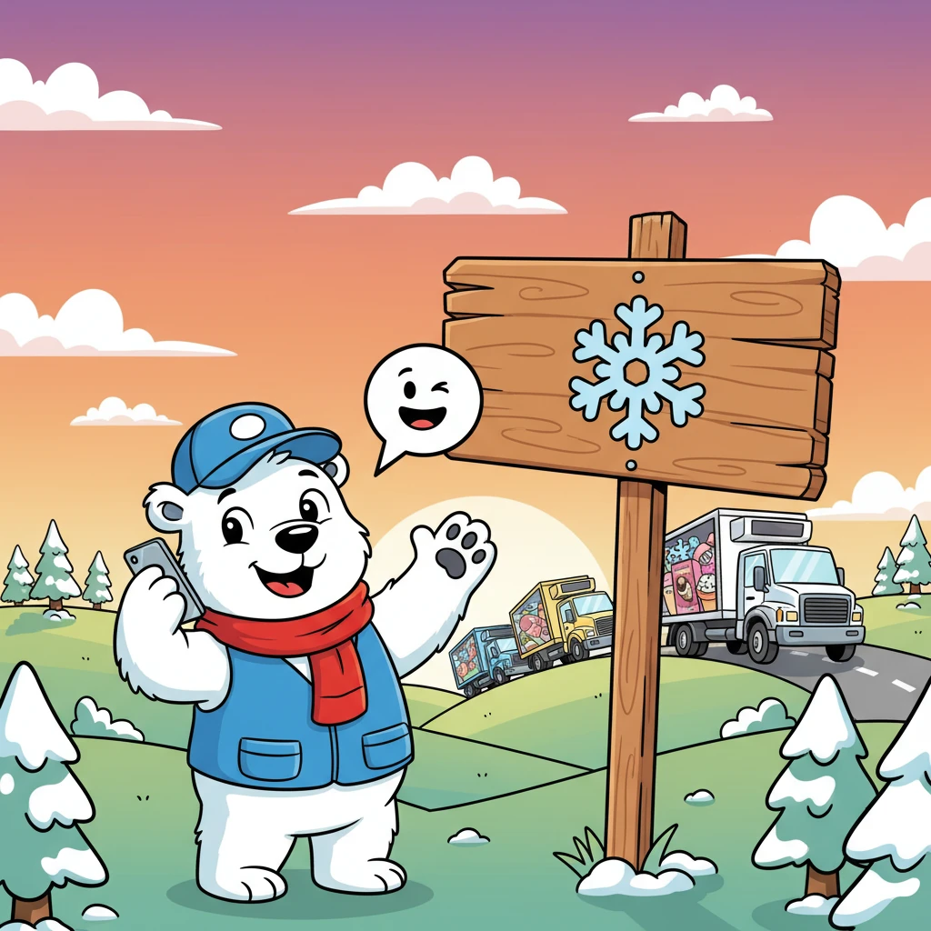 Success! Freezy Bear waves goodbye as a fleet of happy, fully-loaded trucks drives off into a cheerful sunset. He holds a phone and points to a sign with BerlinerFrozenStorage.com and their phone number, winking at the reader. All the previous 'problem' trucks are now shiny, safe, and ready to roll!