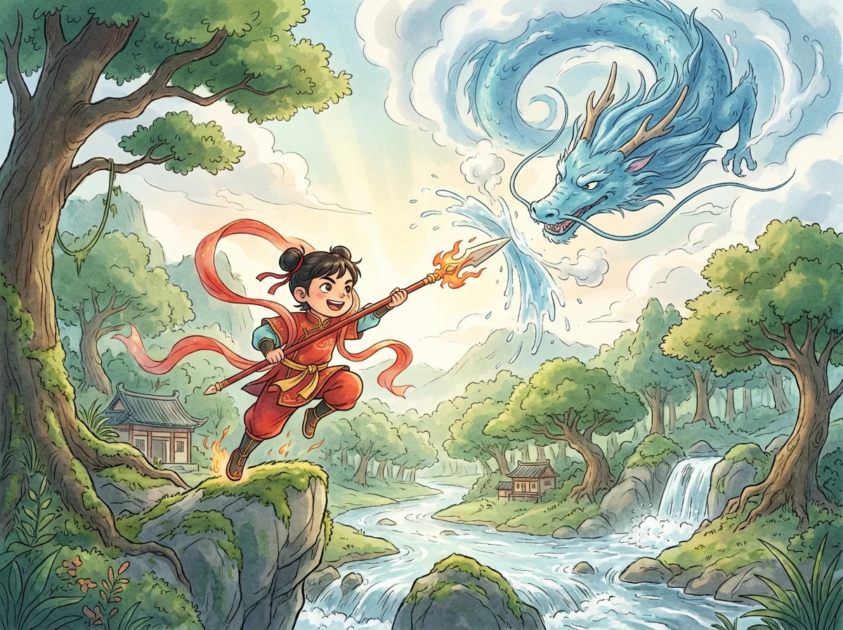 龙王兴风作浪，水淹陈塘关，百姓苦不堪言。哪吒为了保护百姓，毅然决定牺牲自己，以死谢罪。