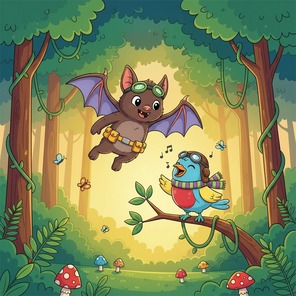 In a lush, emerald forest, lived Barnaby the Bat and Pip the Bird. Barnaby, with his soft brown fur, loved to flit through the night sky, while bright-feathered Pip sang cheerful songs under the warm sun. They were the best of friends, even though one slept all day and the other all night.
