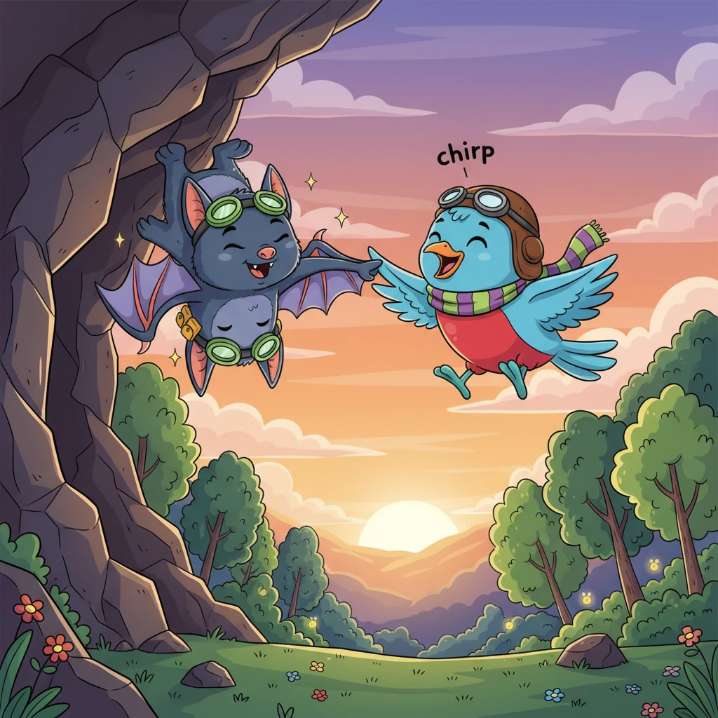 Barnaby would hang upside down in his cozy cave, dreaming of moonlit adventures, while Pip soared high above the tallest trees, greeting every new sunrise. Sometimes, just as the sun dipped below the horizon, they would share a quick "hello" or "goodbye" with a playful flutter and chirp. Their forest home was always buzzing with life and happy sounds.