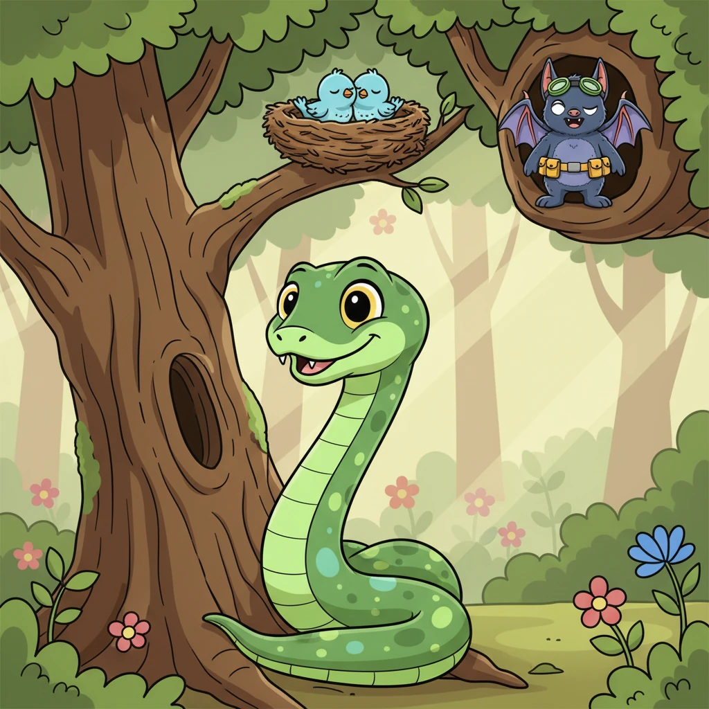 One quiet afternoon, a long, emerald-green snake with shimmering scales slithered silently into the forest. Its eyes, like tiny yellow beads, darted around with a mischievous glint, and its dentate jaws hinted at a sneaky plan. The snake was looking for a tasty snack, eyeing the cozy nests and hidden nooks where families slept.