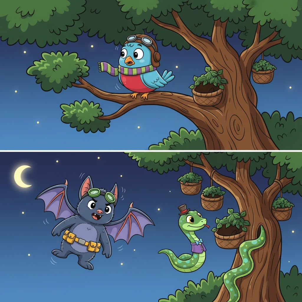 Pip spotted the slithering intruder from her treetop perch, her bright eyes widening in alarm. Later, Barnaby, awake for his nightly patrol, saw the snake creeping too close to the bat nursery. A shiver ran through both friends, realizing their families were in danger.