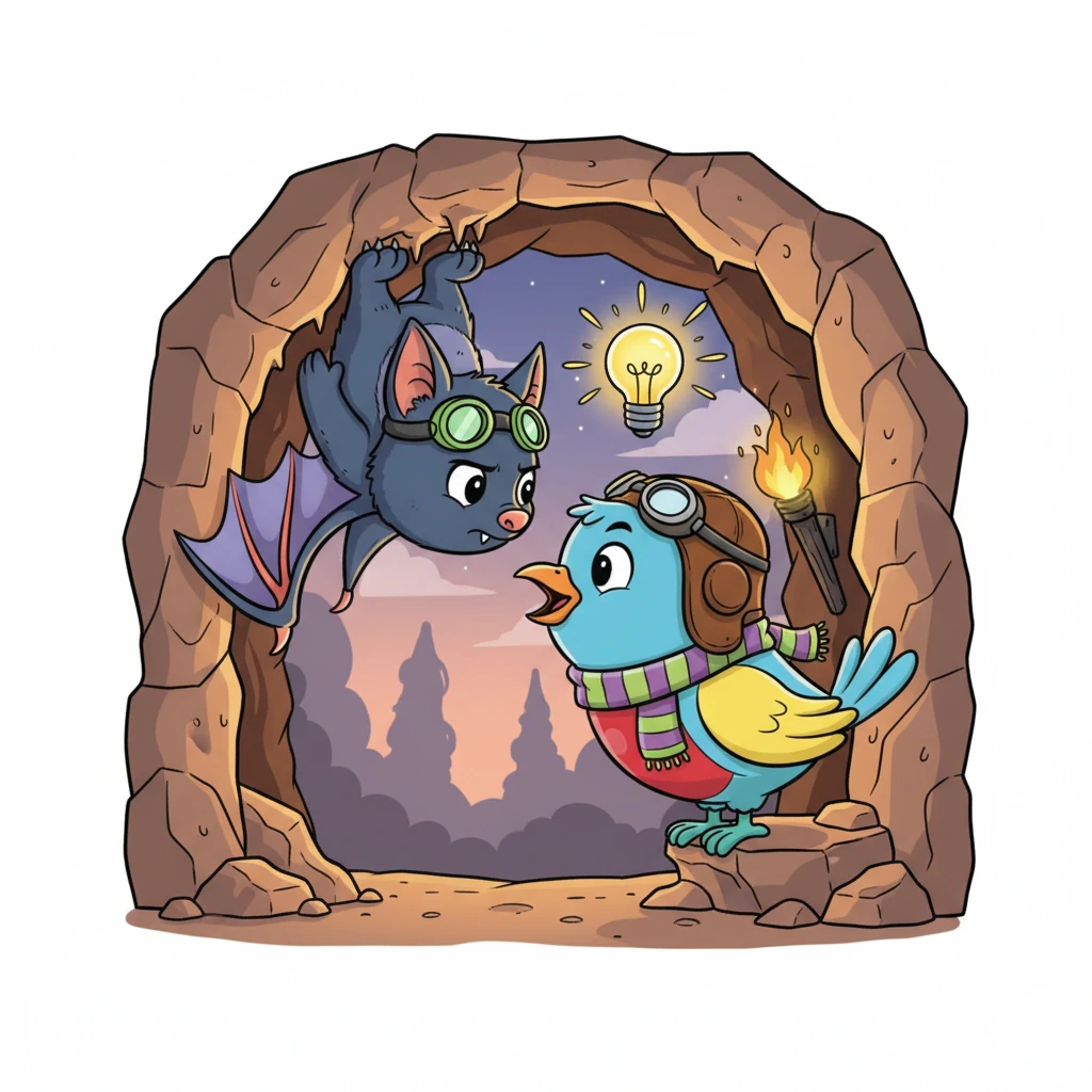 Pip flew to Barnaby's cave entrance, chirping urgently, and Barnaby quickly hung himself right-side up to listen. They put their heads together, their expressive faces showing serious thought, and after a moment of quiet concentration, a brilliant idea sparked between them. They knew they had to work together, using their unique talents.