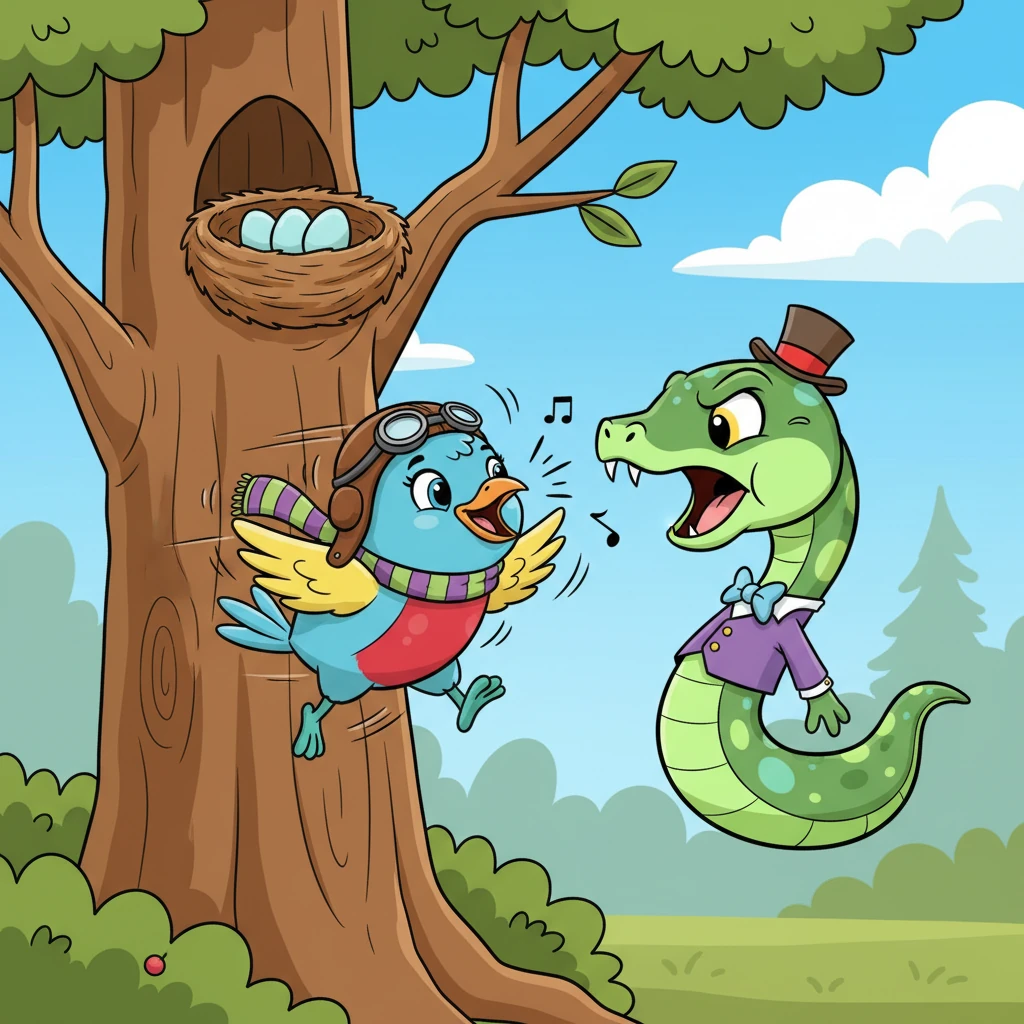 The next morning, as the snake tried to sneak towards a bird's nest, Pip swooped down with incredible speed. She chirped and squawked the loudest calls she could manage, zipping past the snake's nose. The snake hissed in frustration, its head whipping back and forth, completely distracted by the noisy, darting bird.