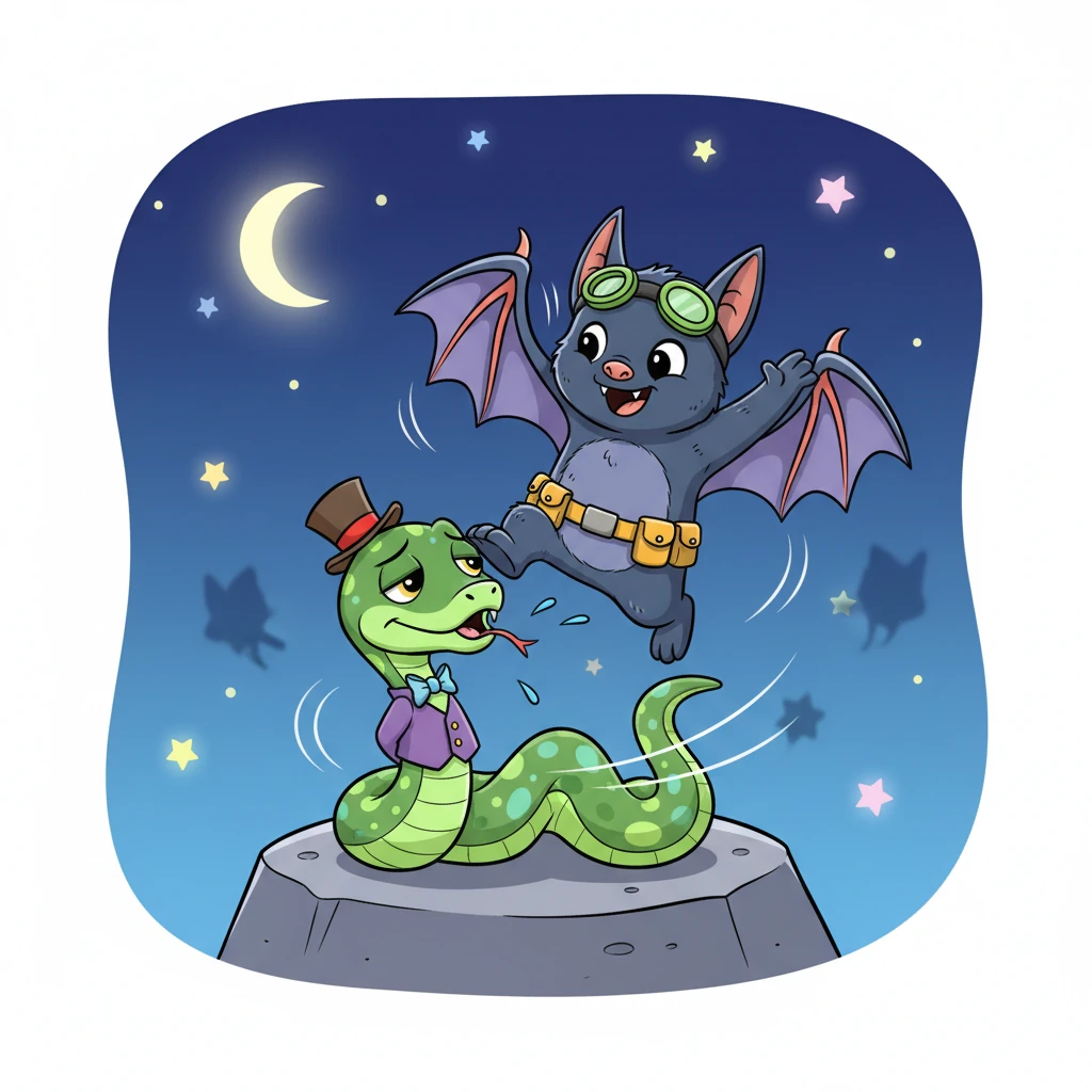 As night fell, and the snake, tired from chasing Pip, tried to rest, Barnaby took his turn. He silently dove and swooped, his leathery wings creating soft breezes that tickled the snake's tail and ears. The snake snapped at shadows, growing dizzy and confused by the unseen, fluttering bat in the dark.