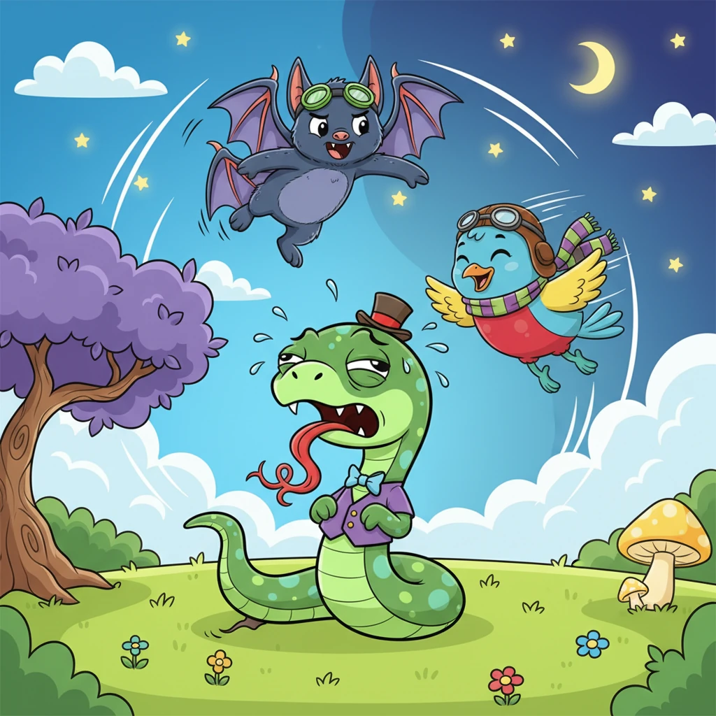 Day and night, the clever duo continued their plan. The snake's head spun, its tongue flicking wildly, unable to catch either the fast bird or the sneaky bat. Finally, with a frustrated sigh and a dramatic roll of its eyes, the exhausted snake gave up, slithering away with its tail between its legs, never to return.
