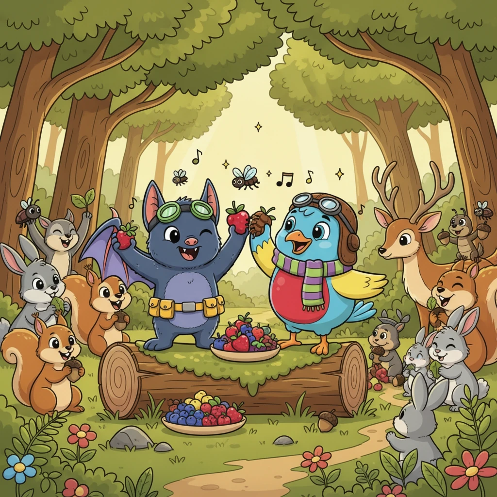 A huge cheer erupted from the forest animals as the snake disappeared from sight. Barnaby and Pip, beaming with pride, shared a victory feast of juicy berries and crunchy insects. All the forest creatures, from tiny beetles to majestic deer, joined in the celebration, grateful for their heroes.