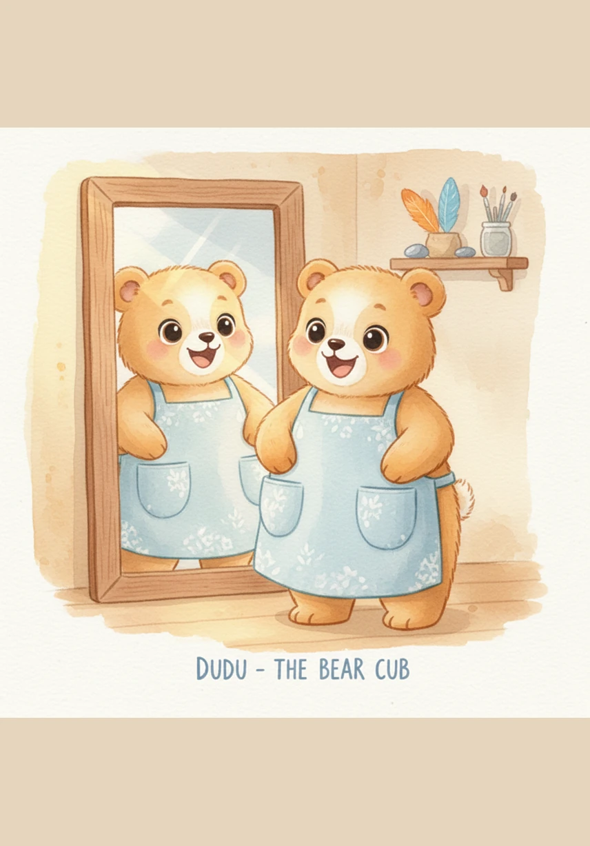 阳光明媚的早晨，小熊嘟嘟穿上了一件带有超大口袋的蓝色围裙。他对着镜子拍拍口袋，兴高采烈地准备出门，要去森林里收集各种亮丽的颜色。