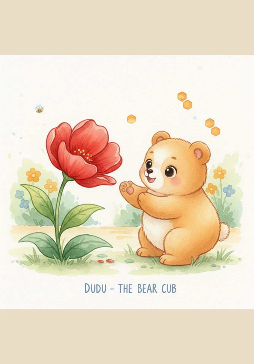 嘟嘟礼貌地问红花能否带走它的颜色，红花轻轻点头，送给他一片娇嫩的花瓣。嘟嘟小心翼翼地把这抹红色放进了大口袋里，口袋里顿时亮了起来。