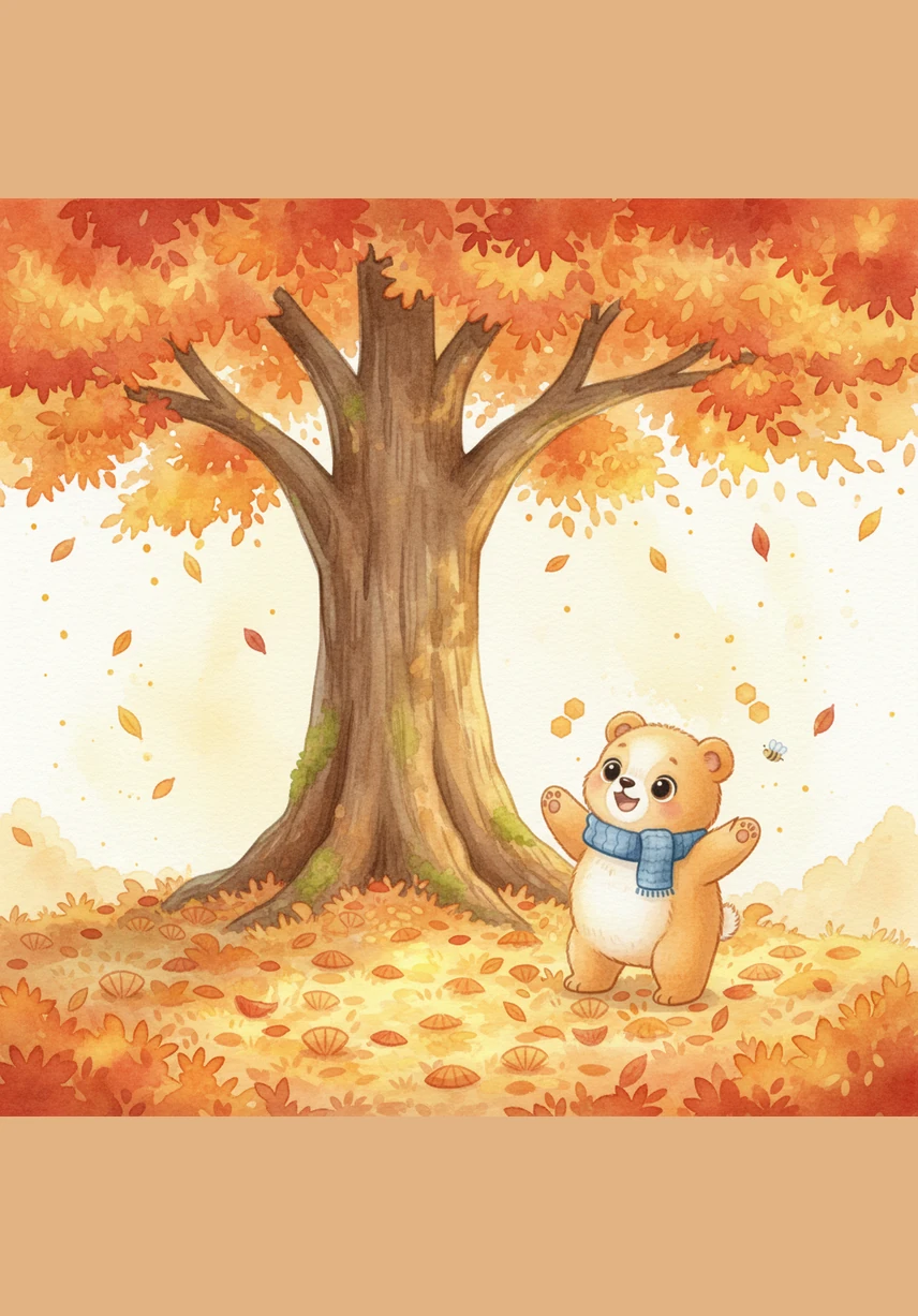 嘟嘟来到一棵参天大树下，地上的落叶像铺了一层金色的地毯。这些黄色的叶子形状各异，有的像小扇子，在阳光下闪着金灿灿的光芒。