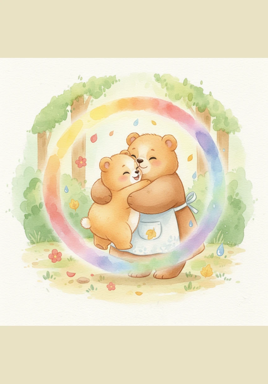 嘟嘟兴奋地掏出口袋里的宝贝，红花瓣、黄叶子和蓝水珠竟然聚在一起，变成了一个绚丽的彩虹球。他扑进妈妈的怀抱，发现妈妈的拥抱才是口袋里最温暖的颜色。