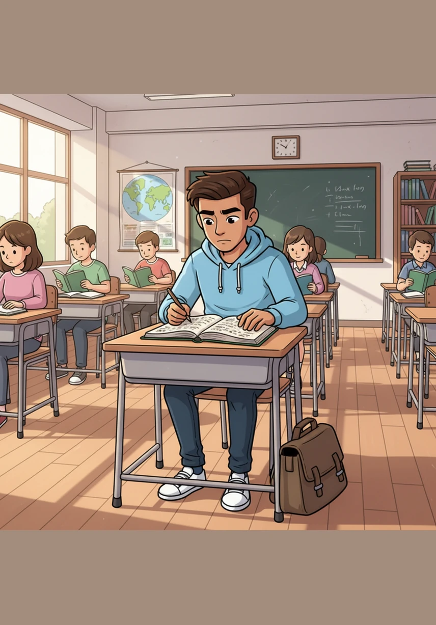 Arjun sits at the very back of the classroom, his head bowed over a worn notebook as he sketches the world around him. The morning sun filters through the dusty windows, casting long shadows across the empty desks.