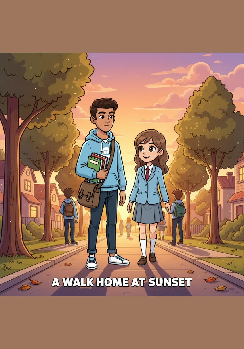 They walk home together under the golden glow of the setting sun, their shadows stretching out on the pavement. Every step they take feels light, fueled by a friendship that is slowly turning into something much deeper.