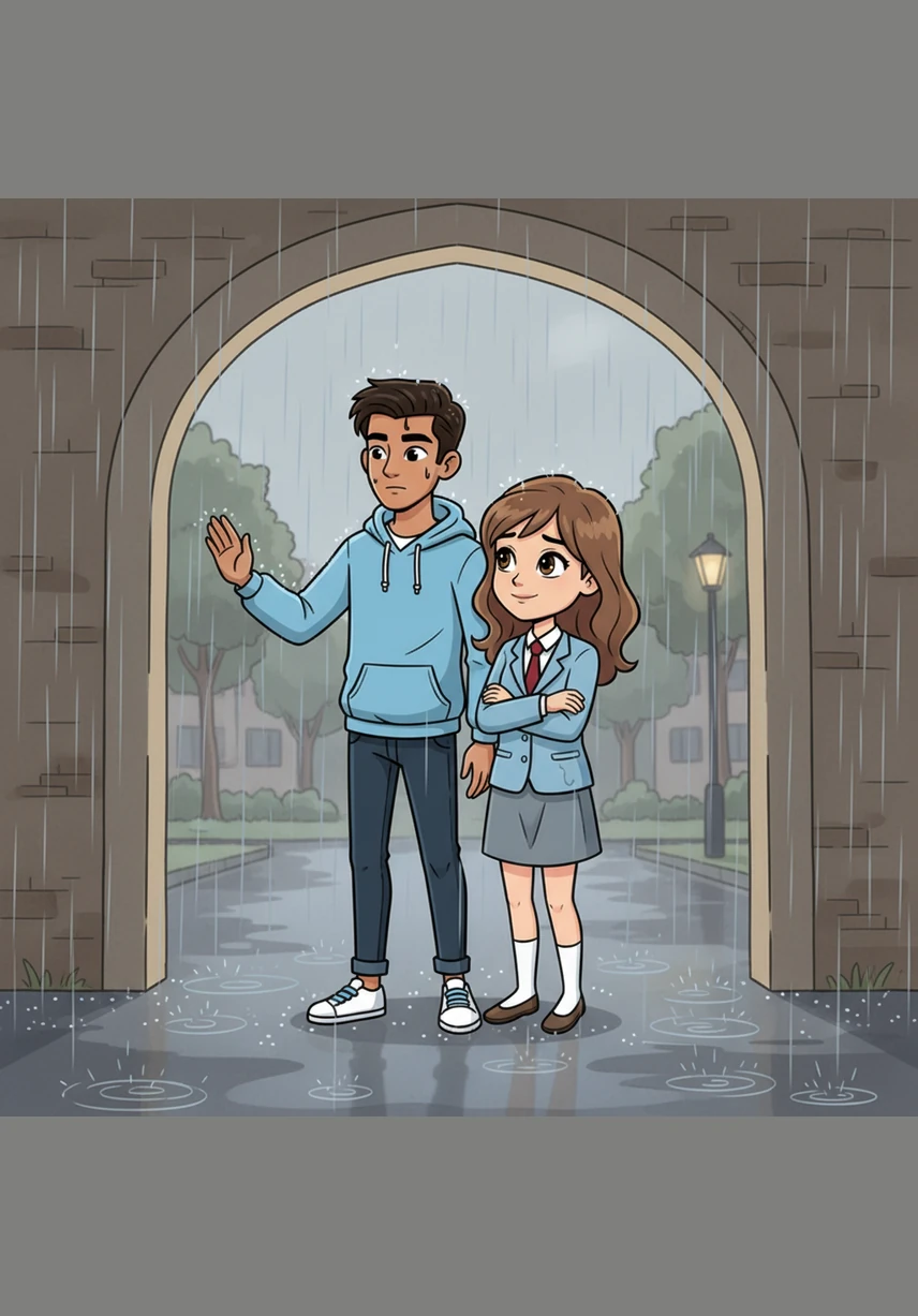 On a gray, rainy afternoon, Arjun stands with Ayesha under the shelter of the school gate as the downpour intensifies. Nervous and heart-pounding, he finally gathers the courage to tell her that he has fallen for her.