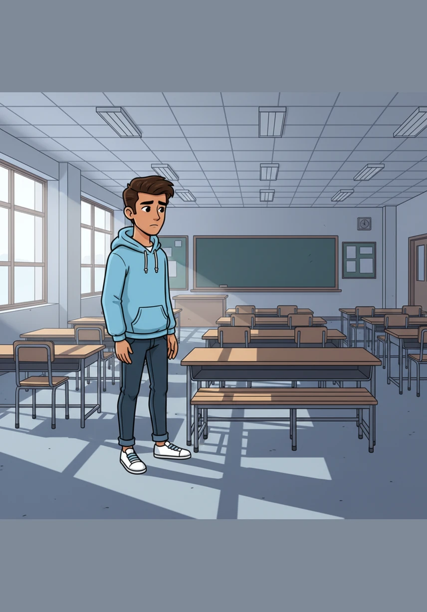 The next morning, the classroom feels cold and vast as Arjun arrives to find the last bench completely empty. He sits in his usual spot, the silence of the room weighing heavily on his heart as he stares at the space where she once sat.