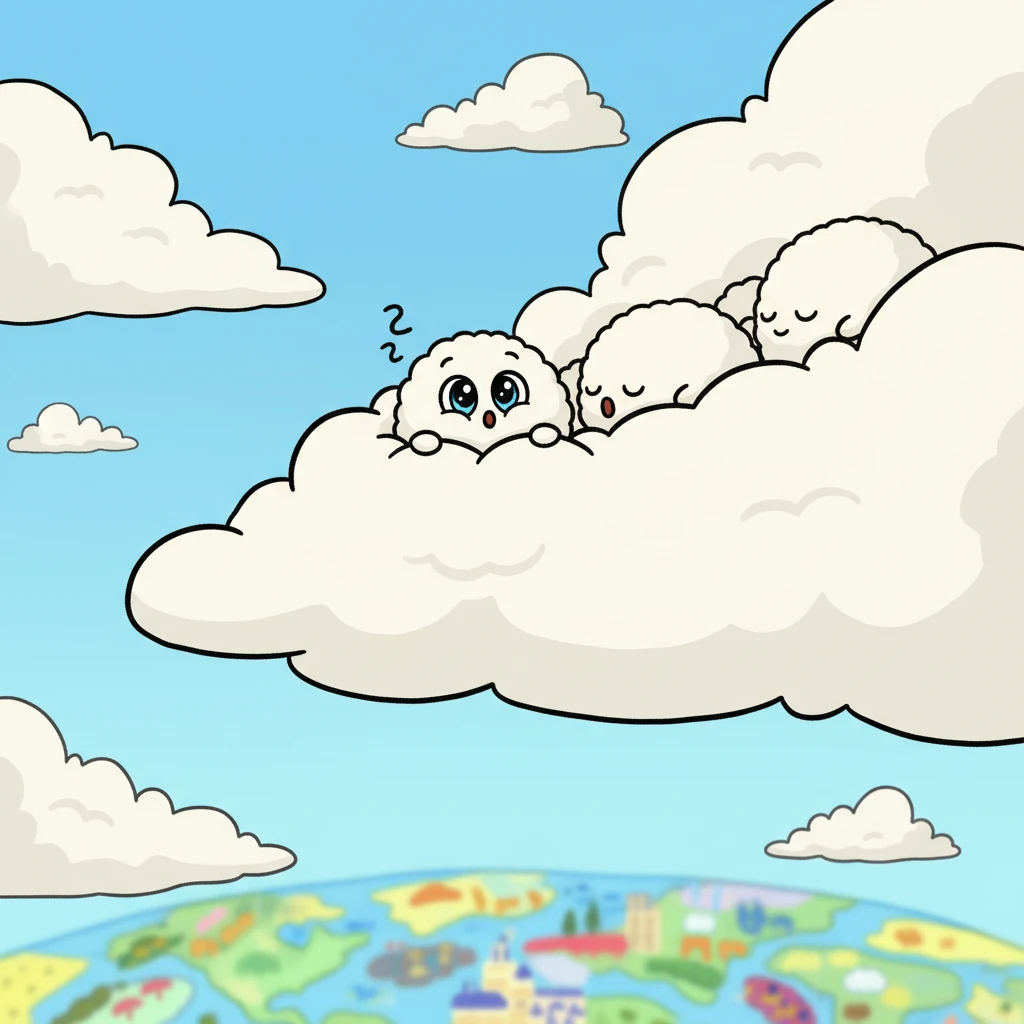 High above the world, a tiny, fluffy cloud named Wisp peeked over the edge of its big, cozy cloud family. Wisp's eyes, wide with wonder, gazed down at the colorful world spinning far below. A little sigh escaped Wisp, dreaming of all the exciting places it could visit.