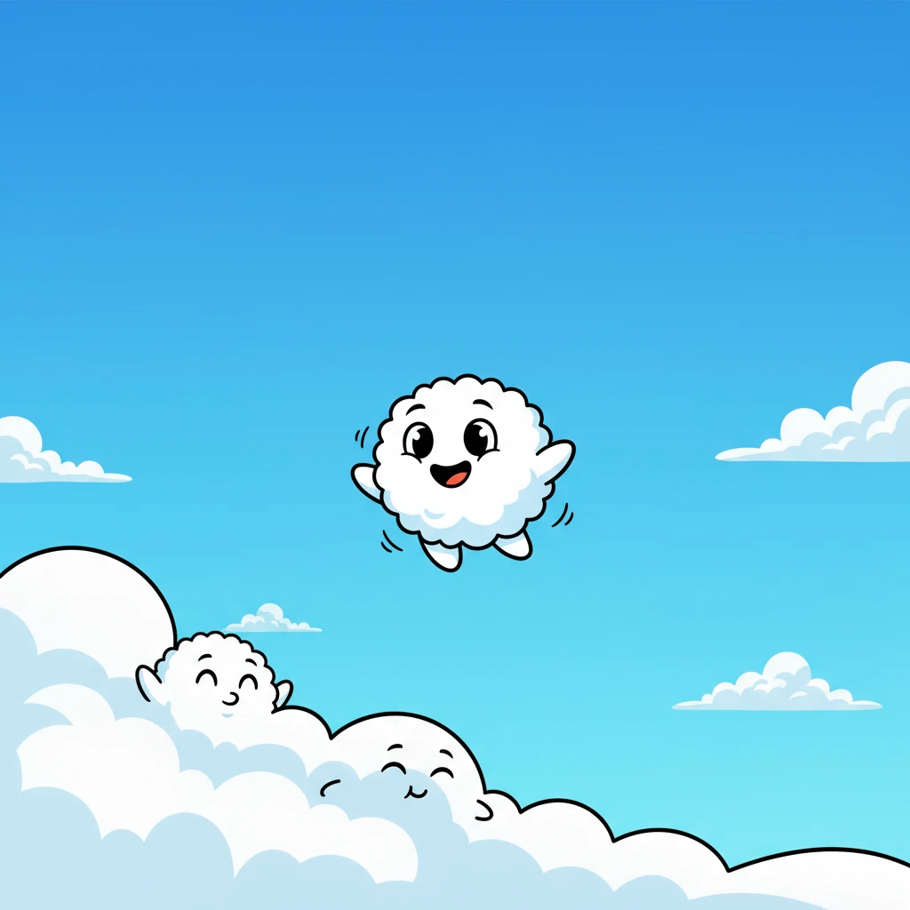 With a brave flutter, Wisp gently drifted away from its sleeping cloud family, embarking on its very first solo adventure. The world seemed enormous and full of possibilities as Wisp floated along, a tiny adventurer in the vast blue sky. A happy little bounce filled Wisp's fluffy form.