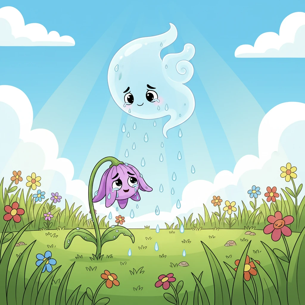 Drifting over a sunny meadow, Wisp spotted a sad, droopy flower wilting from thirst. With a kind heart, Wisp transformed, letting out a soft, gentle sprinkle of rain that revived the little bloom. The flower instantly perked up, its petals stretching towards the sky in thanks.
