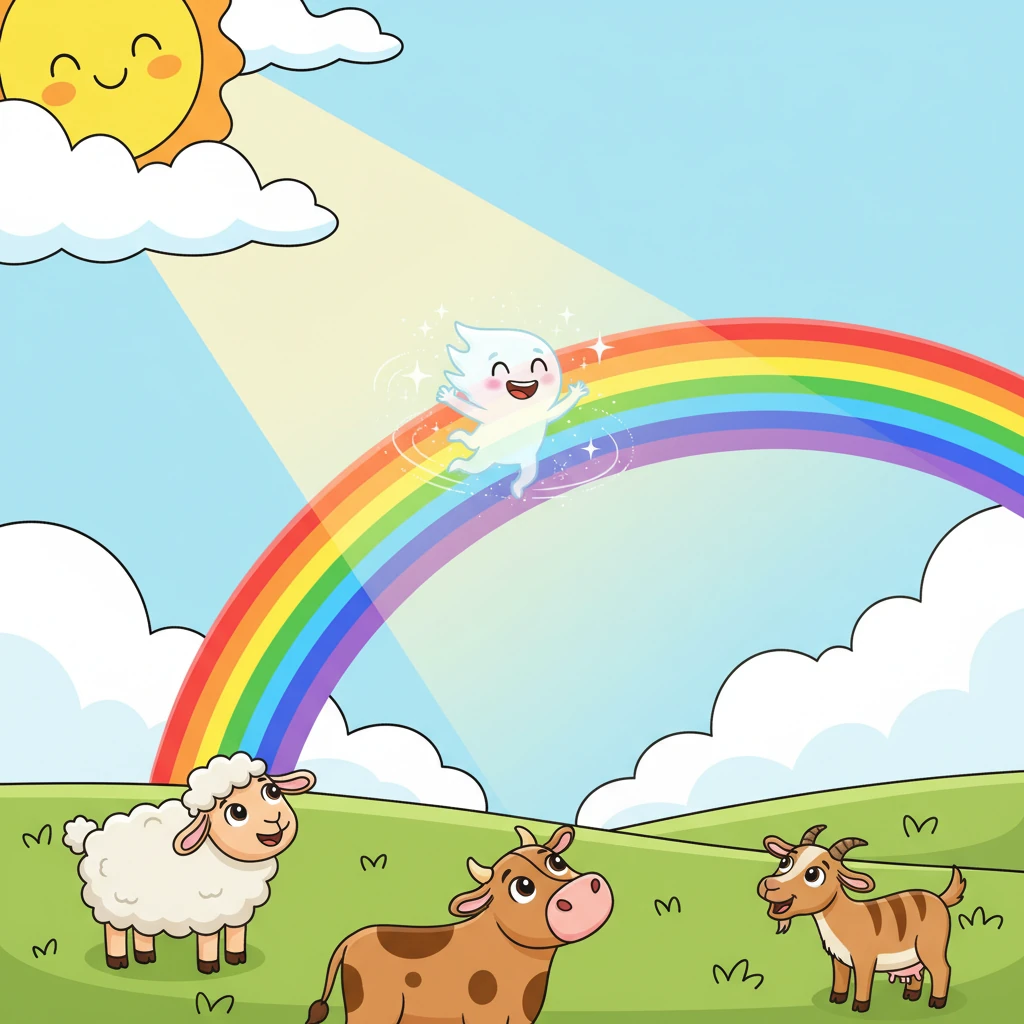 As the sun peeked through, Wisp playfully danced with a bright sunbeam, twirling and giggling in the sky. Together, they painted a magnificent, arching rainbow over a field where cheerful animals grazed. The animals looked up, marveling at the vibrant colors.
