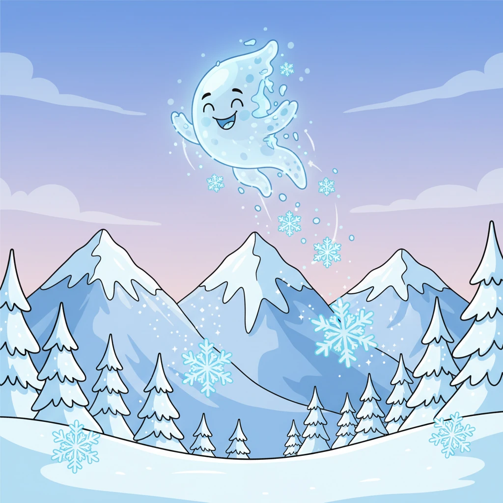 Wisp floated higher, over towering, snowy mountains, feeling a delightful chill in the air. With a joyful shiver, Wisp transformed into soft, sparkling snowflakes, gently blanketing the majestic peaks and cozy pine trees below. The world turned into a sparkling winter wonderland.