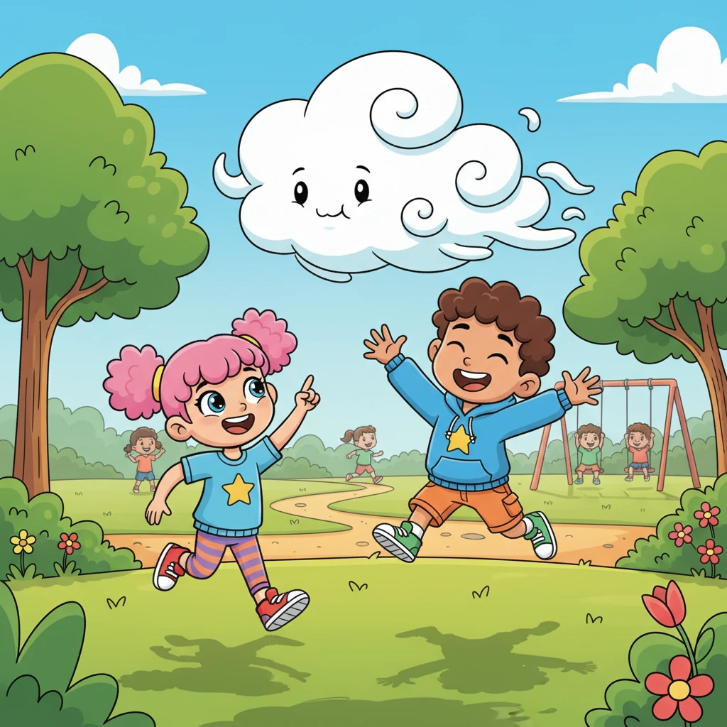 Down in a bustling park, Wisp soared low, casting fun, wobbly shadows as children played games and chased each other. The children pointed up and giggled, delighted by the playful cloud moving with them. Wisp felt a happy flutter, enjoying their laughter.