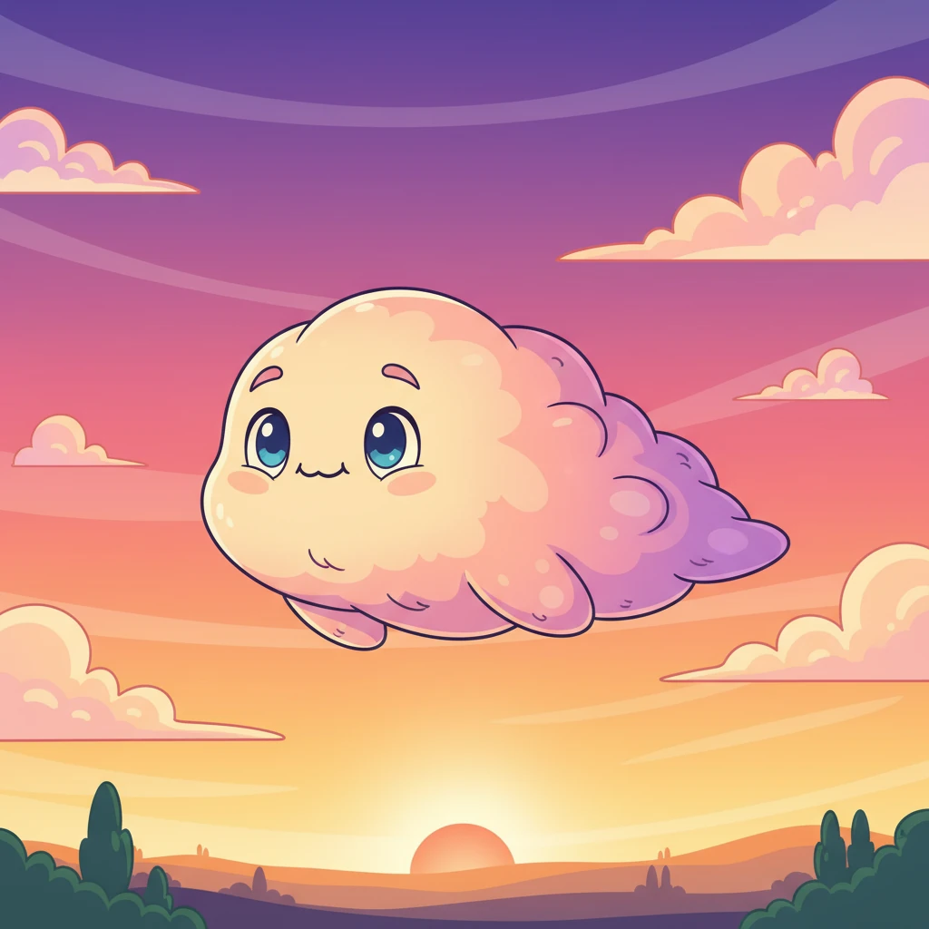 As evening approached, Wisp drifted lazily across the vast sky, witnessing a breathtaking sunset. The sky exploded with warm hues of orange, pink, and purple, reflecting beautifully on Wisp's soft, fluffy form. It was the most magnificent painting Wisp had ever seen.