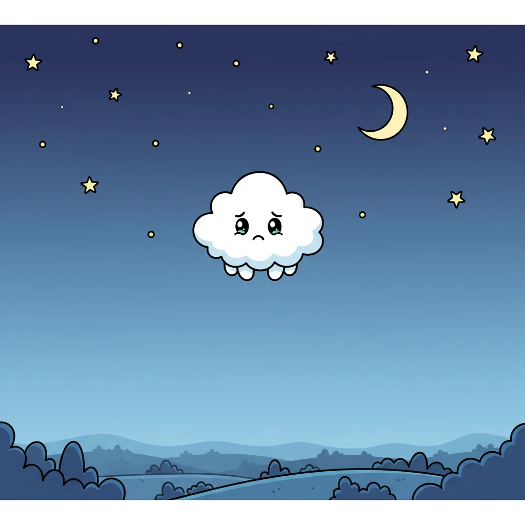 But as the stars began to twinkle and the sky grew dark, a tiny pang of loneliness touched Wisp's fluffy heart. The world suddenly felt very big and Wisp felt very small, missing the comforting presence of its cloud family. Wisp wished for home.