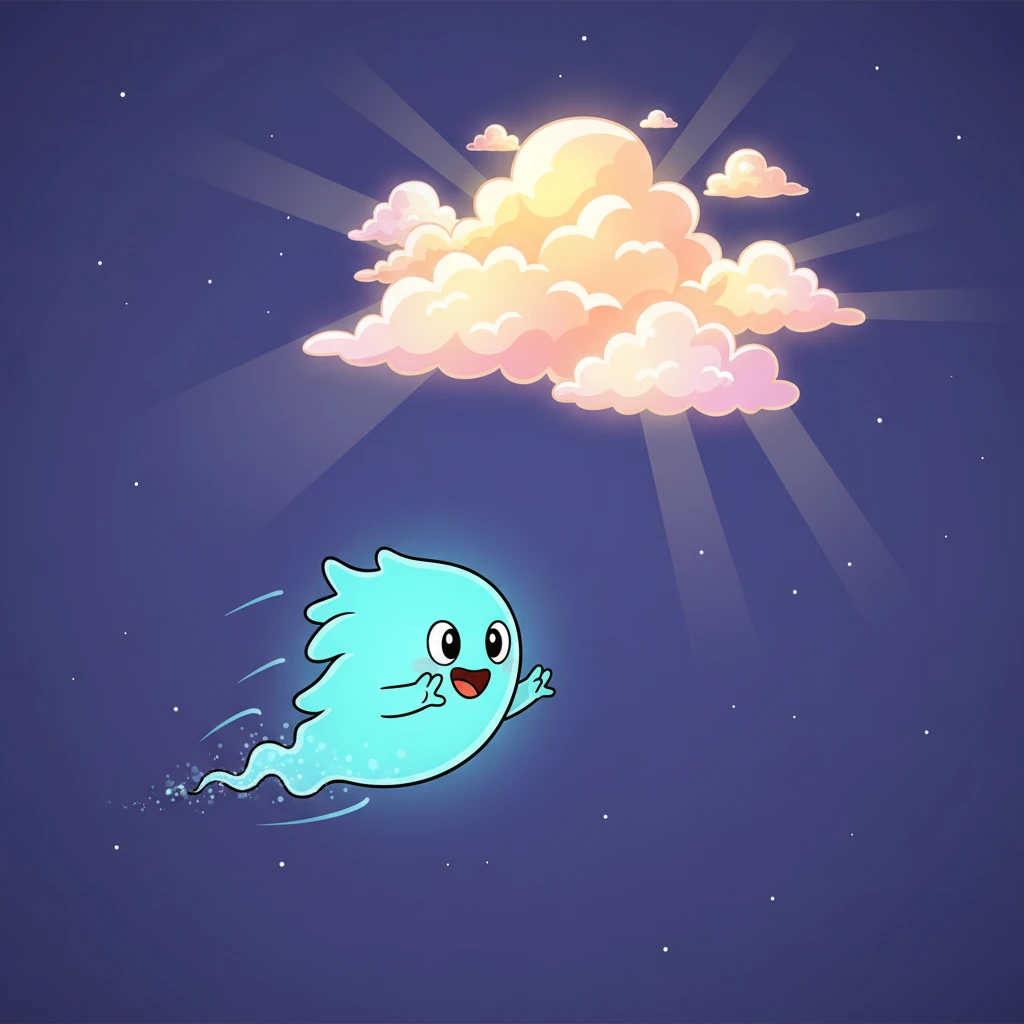 Just then, a familiar glow appeared in the distance – its cloud family! They were bigger and brighter than ever, calling Wisp home with their gentle presence. Wisp zipped through the night sky, a burst of happy energy, eager to be reunited.