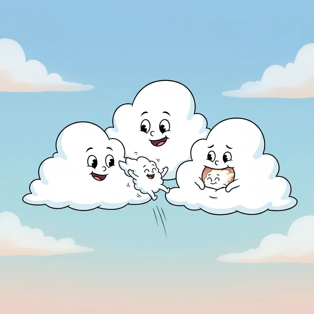 Back among its family, Wisp bounced with excitement, sharing tales of its amazing journey. The big clouds listened with wide, happy expressions, marveling at all the wonderful things Wisp had seen and done. Wisp snuggled in, feeling warm and loved, its heart full of memories.