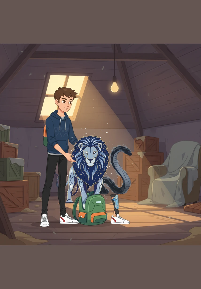 As Leo carefully placed the mask over his face, a warm glow enveloped his body, and the quiet attic began to hum with power. Suddenly, the walls faded away, replaced by the vast, golden horizon of a magical savanna.