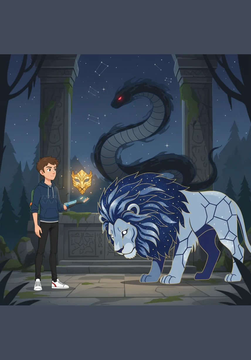A magnificent spirit lion appeared before him, its mane made of swirling starlight and golden dust. The great beast bowed its head, recognizing the power of the Aleon Mask and welcoming Leo as its chosen protector.