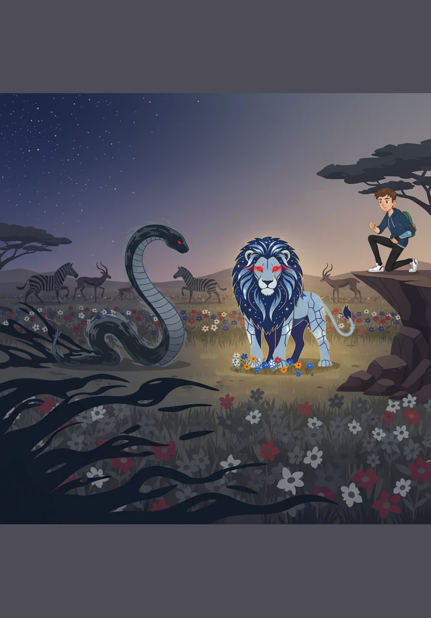 Suddenly, dark shadows began to creep across the vibrant plains, draining the color from the flowers and scaring the herds. A shadowy serpent of mist emerged from the darkness, seeking to steal the savanna’s light.