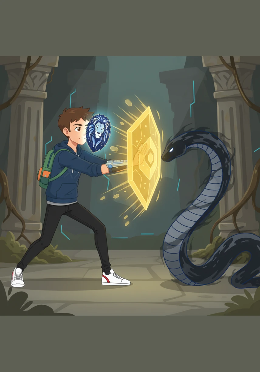 Leo felt a flicker of fear, but the mask pulsed against his skin, reminding him of his hidden strength. He stepped forward, raising his hand as a golden shield of light erupted to block the serpent’s path.