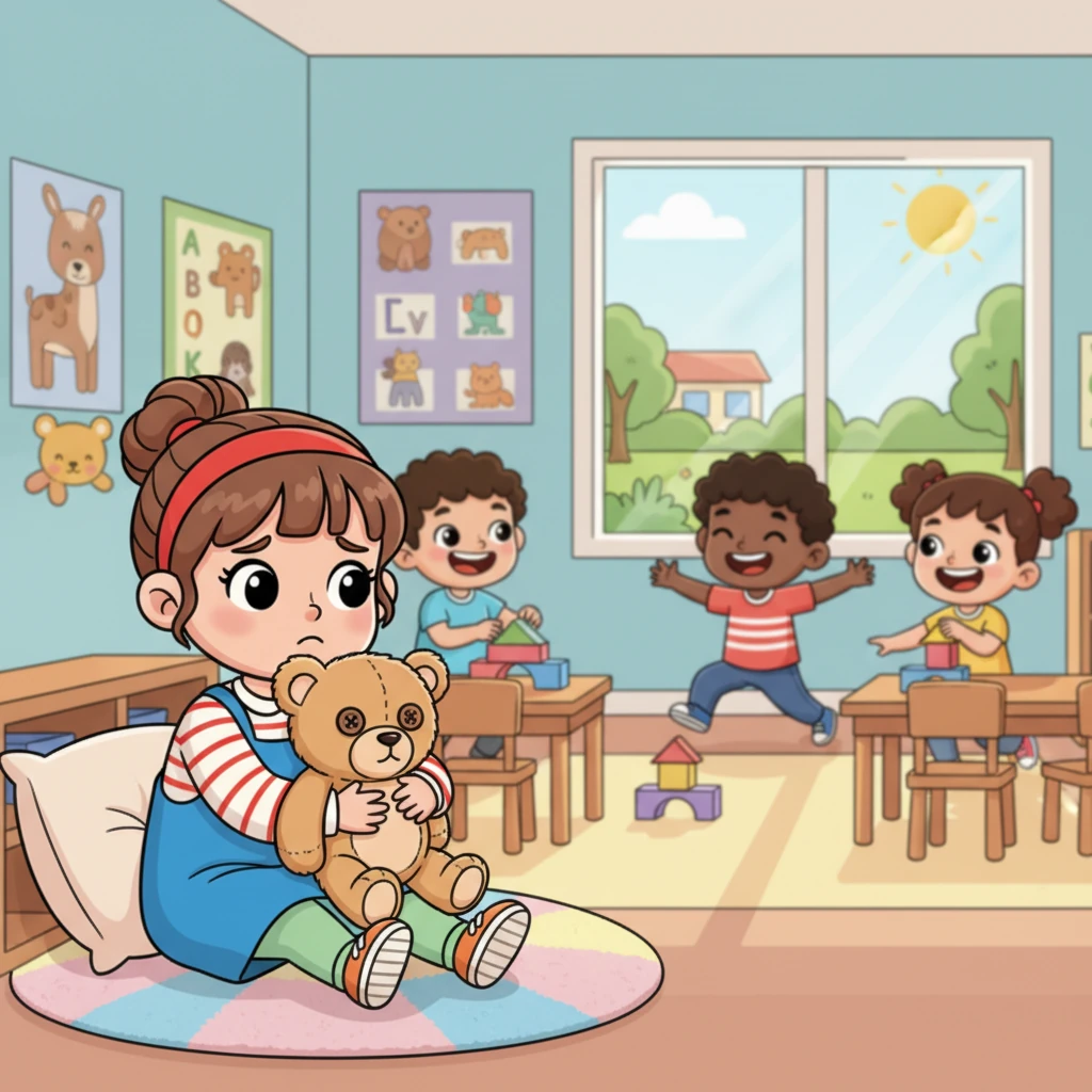 Di dalam kelas, Lili duduk sendirian di sudut, memeluk boneka beruangnya. Ia melihat teman-temannya tertawa dan bermain, namun ia merasa sedikit malu dan merindukan pelukan hangat ayah dan ibunya.