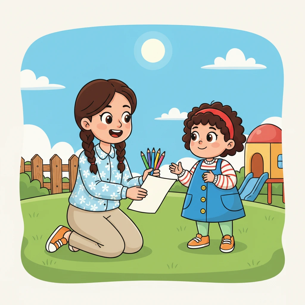 Bu Guru yang ramah, dengan senyum lebar dan rambut dikepang dua, berlutut di samping Lili. Ia menawarkan pensil warna cerah dan selembar kertas kosong, mengundang Lili untuk bergabung dalam kegembiraan.