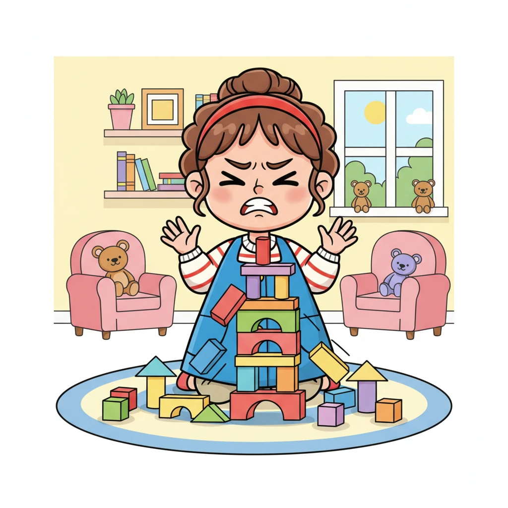 Lili mencoba membangun menara balok yang tinggi, tetapi balok-baloknya terus jatuh berantakan. Wajahnya cemberut, dan ia hampir menyerah, merasa frustrasi dengan tugas yang sulit itu.