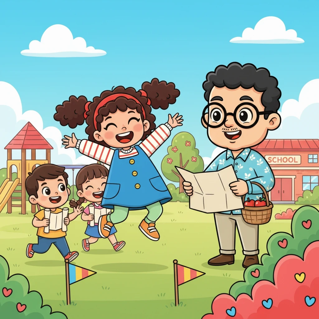 Ayah Lili membantu mengatur permainan 'mencari harta karun' di taman sekolah. Lili tertawa riang, berlari dan melompat dengan teman-temannya, merasa aman dan bahagia dengan ayahnya di dekatnya.