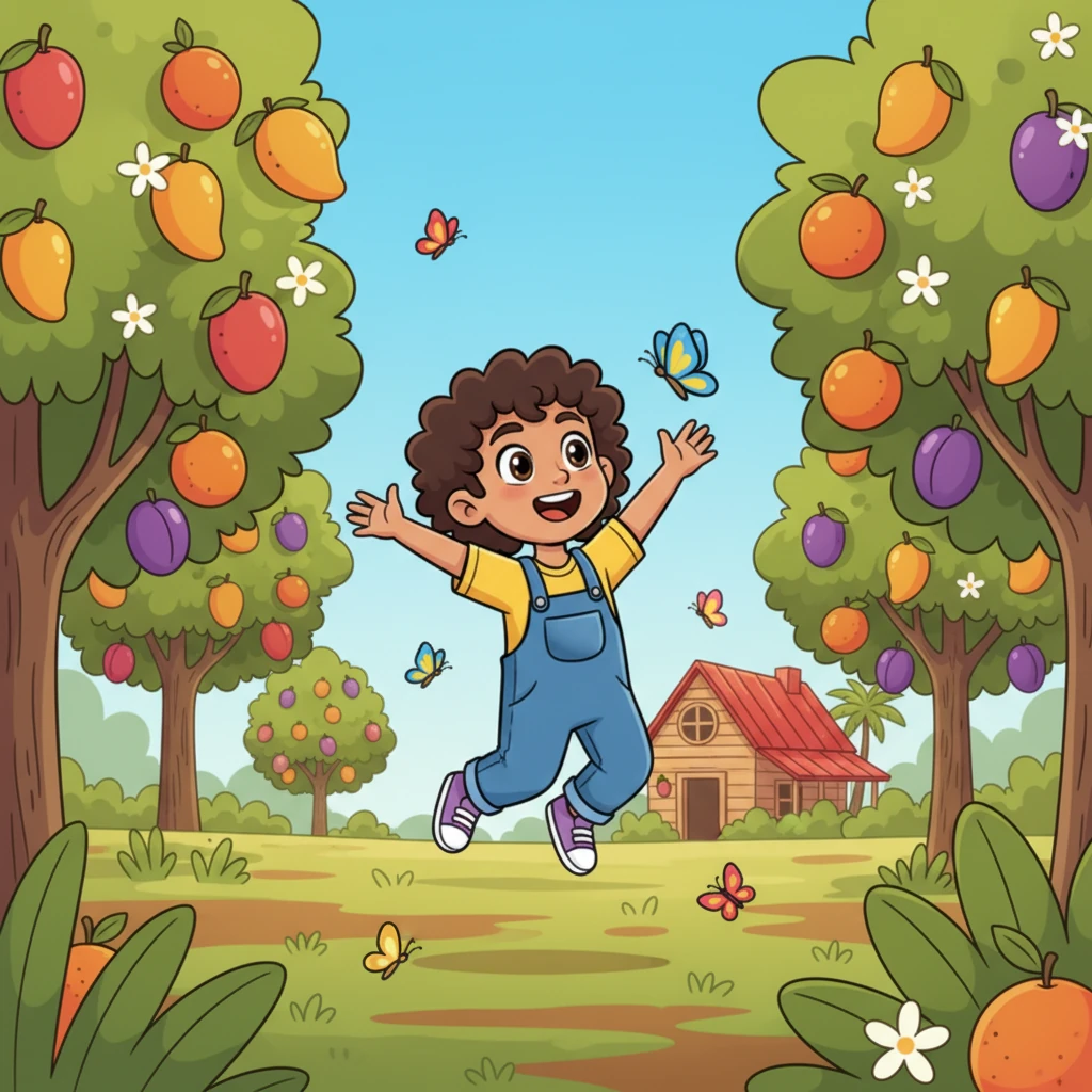 In the vibrant heart of Trinidad, young Leo loved to play in his grandfather's sprawling orchard. The air was always sweet with the scent of ripe mangoes, oranges, and plums, glistening under the bright Caribbean sun. Butterflies danced among the blossoms, making every day feel like a cheerful celebration.