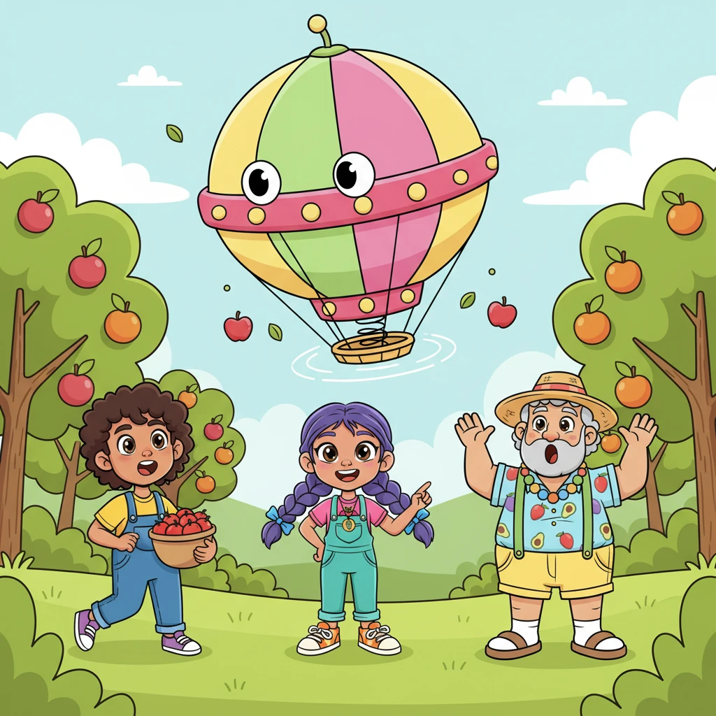 Suddenly, a wonderfully whimsical spaceship, shaped like a giant, bouncy fruit, descended from the sky. It wasn't scary at all; in fact, it looked quite friendly with its smooth curves and bright, inviting colors. With a soft, comical 'boing!', it gently landed in the middle of the orchard, rustling a few leaves.