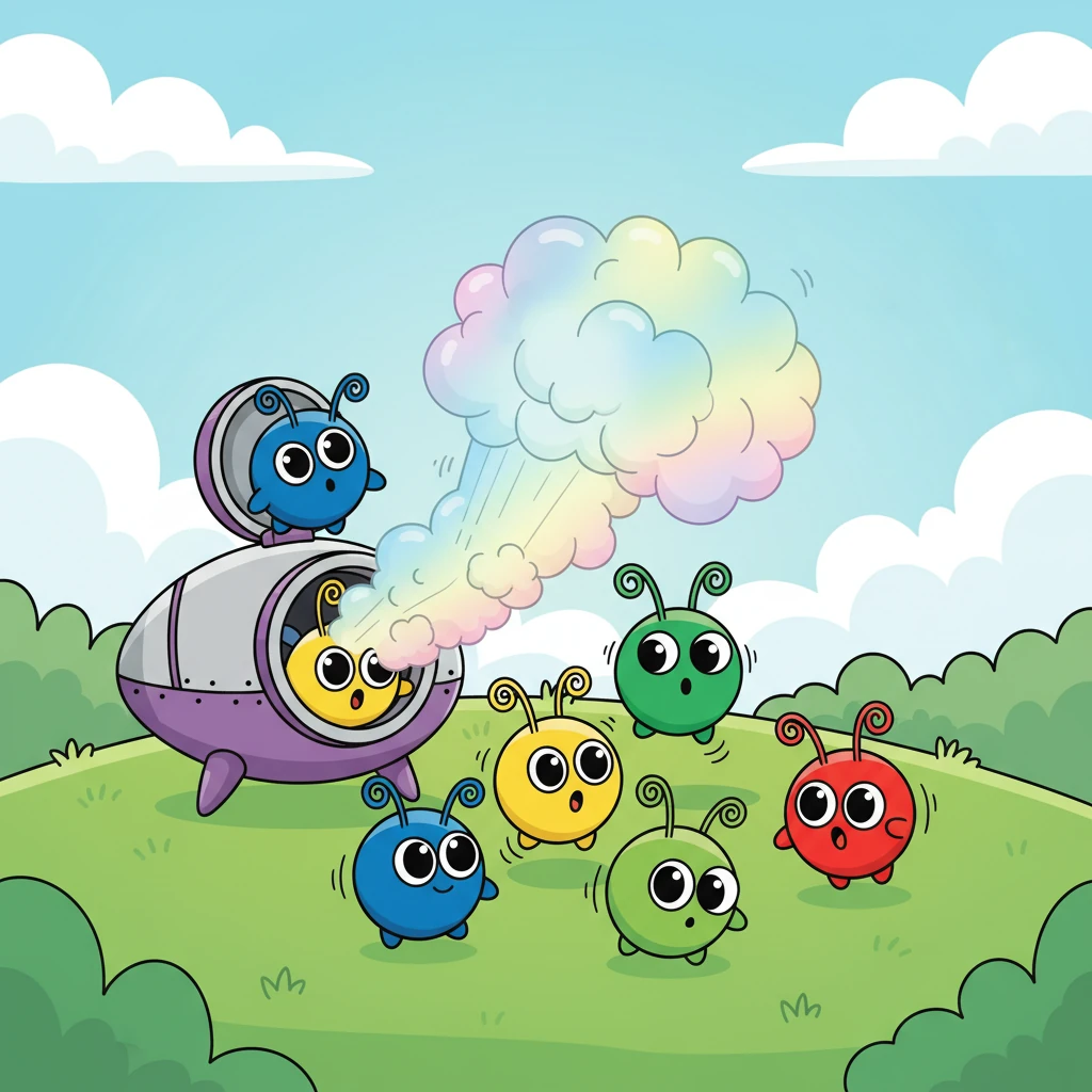 A small, circular hatch on the spaceship popped open with a puff of colorful smoke. Out rolled several tiny, round aliens! They were as brightly colored as tropical birds, with big, curious eyes and little wobbly antennae. They bounced happily on the soft grass, looking around with uncontainable excitement.
