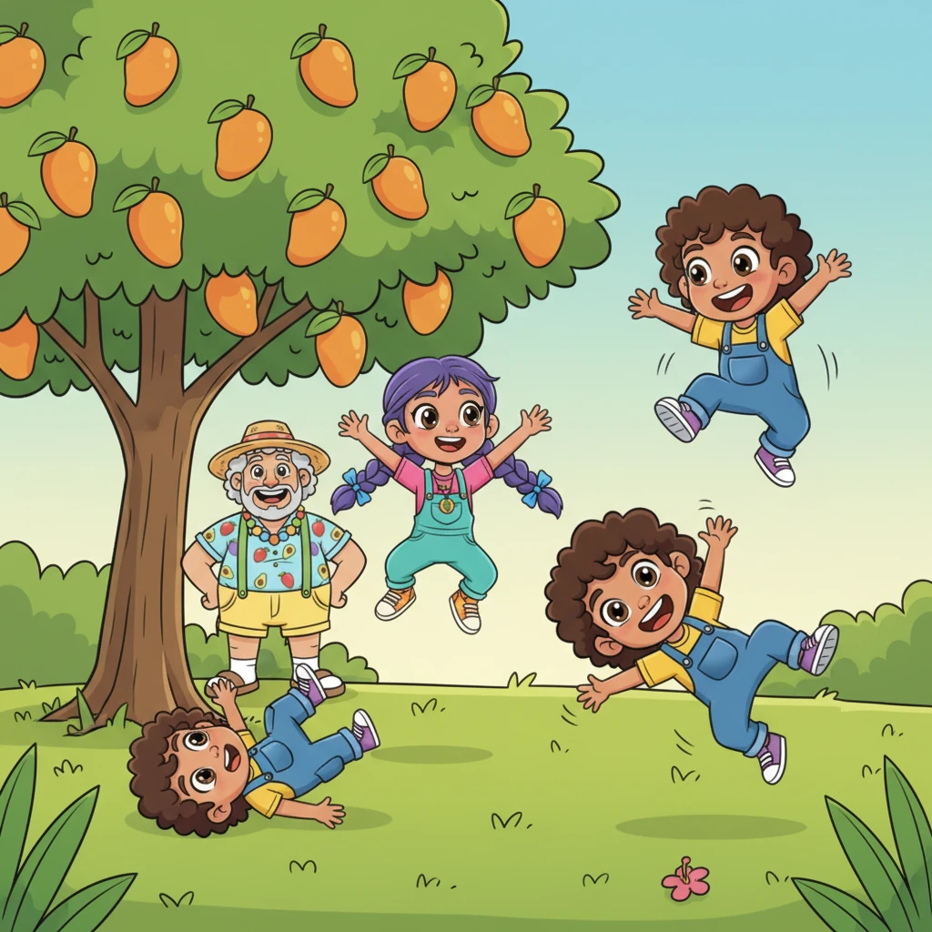 The little aliens immediately spotted the fruit-laden trees. Their eyes grew even wider, and they started making joyful, chirping sounds. With exaggerated hops and bounces, they began to roll and tumble towards the nearest mango tree, their excitement absolutely infectious.