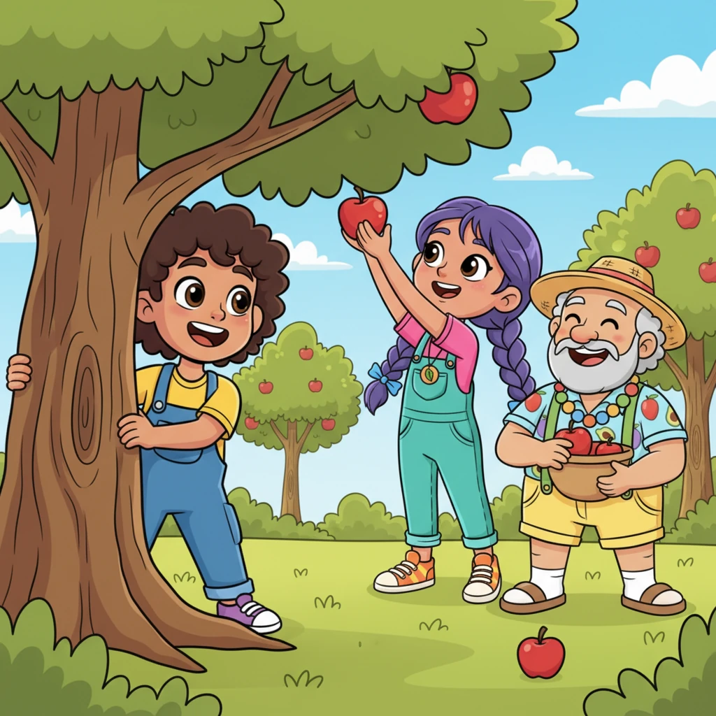 Leo, who had been hiding behind a tree, watched their antics with a growing smile. At first, he was a little scared, but now he realized these weren't scary invaders at all. They were just curious, funny little beings who seemed very, very interested in his grandfather's delicious fruits.