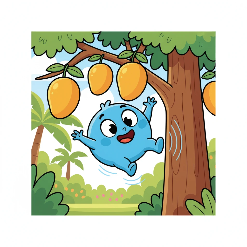One little blue alien, eager to taste a mango, tried to jump and grab one from a low branch. But being so round and bouncy, it missed and tumbled over in a comical somersault. It giggled happily, undeterred, and tried again, only to bounce off the tree trunk.