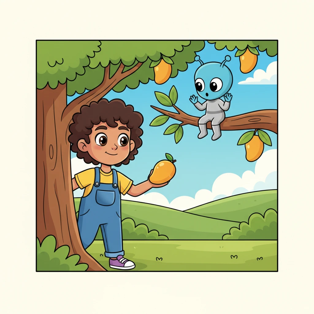 Seeing the alien's struggle, Leo decided to help. He stepped out from behind the tree, walked over to the branch, and carefully picked the ripest, juiciest mango he could find. With a gentle smile, he offered the golden fruit to the surprised blue alien.
